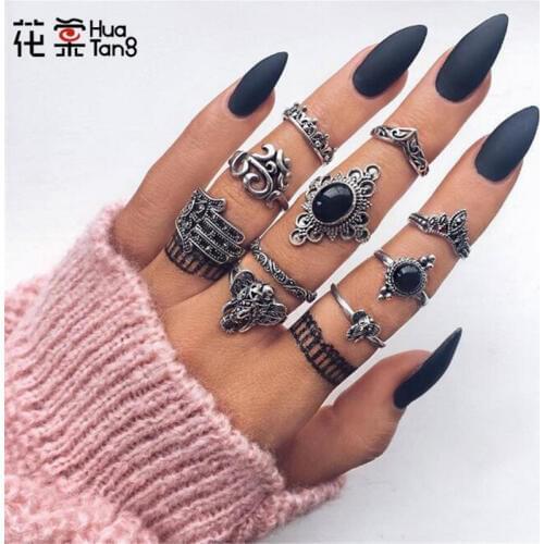 HuaTang Antique Silver Color Opals Elephant Crown Ring Sets Steampunk Carved Knuckle Midi Rings For Women Rhinestone Ring 4561