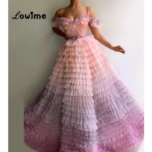 Ice Tiered Skirt Off The Shoulder Party Dress Amazing Evening Gown 2018 Vestidos Abiye Tulle Long Prom Dresses Abendkleider