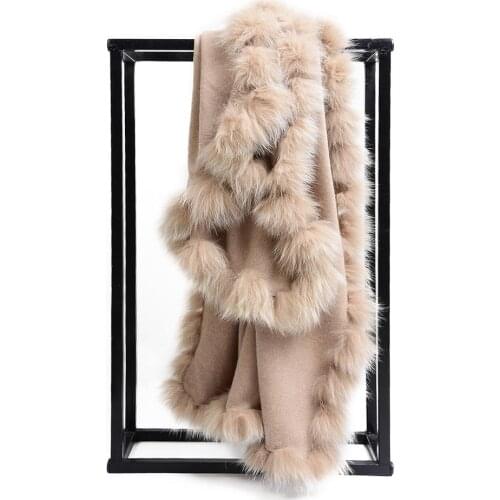100% Pure Cashmere Cape with Real Fox Fur Trim Luxurious Women Autumn Winter Warm Scarf Shawl Wraps Poncho S68