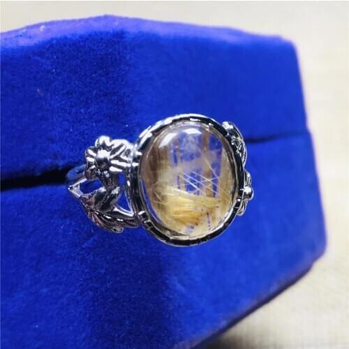 13mm Top Natural Gold Rutilated Quartz Ring For Women Lady Man Wealth Crystal Beads Silver Stone Adjustable Ring Jewelry AAAAA