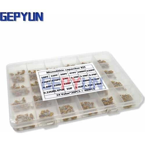 24values*20PCS =480PCS Monolithic Ceramic Capacitor 10pF~10uF,ceramic capacitor Assorted Kit + BOX