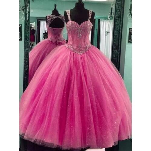 Angelsbridep Spaghetti Strap Quinceanera Dress 2021 Glitter Crystals Corset Tulle High Qulaity Sweet 16 18 Ball Gown Party Dress