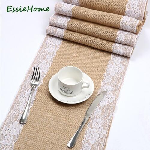 ESSIE HOME 4 styles Natural Burlap Jute Wedding Table Runner Lace Table Runner Wedding Decoration