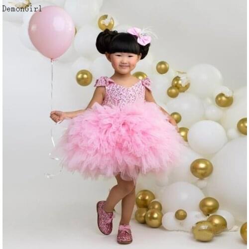 Glitter Pink Baby Girl Birthday Dress Ball Gown Tulle Sequined Kids Prom Clothing Outfits Photoshoot
