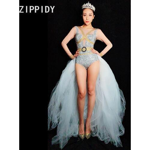 Fashion Flashing Rhinestones Long Sleeves Bodysuit white Mesh Tail Birthday Celebrate Outfit Women Singer Dance Wear Outfit