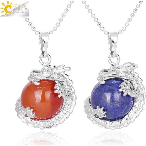 CSJA China Dragon Wrapped Natural Stone Pendant Necklace for DIY Handmade Necklaces Round Ball Shape Crystal Bead Women Men F331