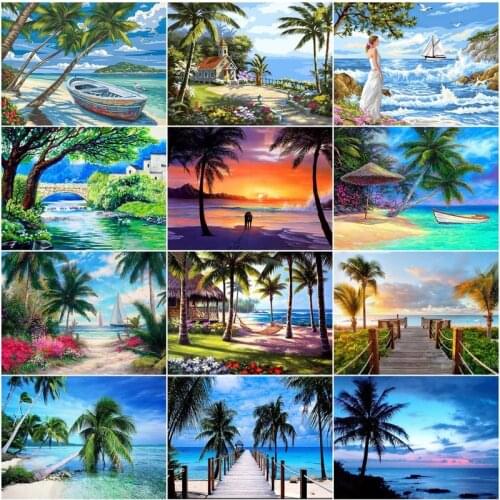 GATYZTORY Painting By Numbers Seascape DIY Oil Coloring By Numbers Sandy beach Landscape Canvas Paint Art Pictures Home Deccor