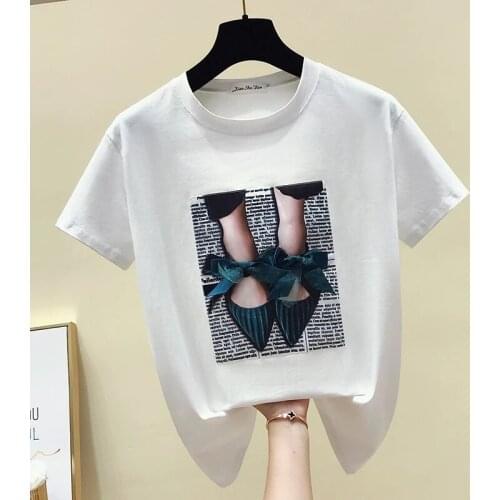 GGRIGHT 2021 Summer Cotton White Black Tshirts Short Sleeve Casual T-Shirt Women O-Neck Slim Applique Tee Shirt Femme