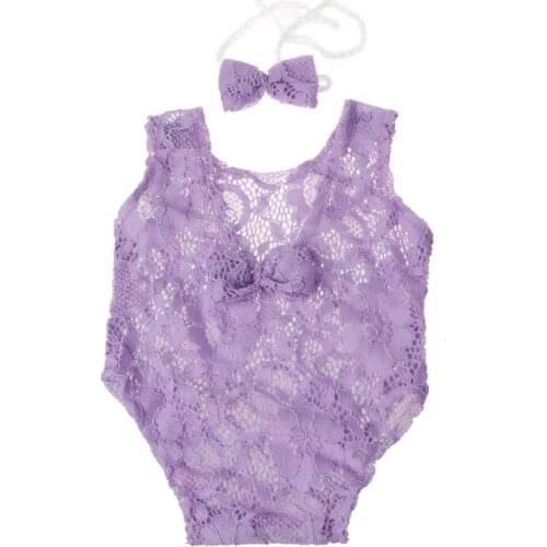 K1KC Baby Photography Props Backless Hollow Bowknot Lace Romper Newborn Girls Outfit