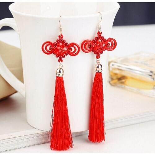 Chinese traditional red tassel fringe earrings
