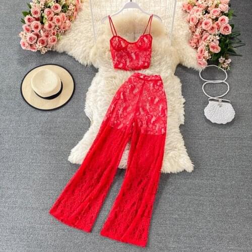 Fashion Lace Sexy 2 Piece Outfits For Women Camisole Crop Top Versatile Wide Leg Casual Pants New 2021 Summer Femme Suit Set