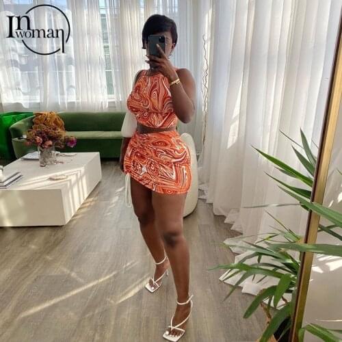 Inwoman Sexy Club Outfits Two Piece Set Women Matching Sets Bodycon Ruched Drawstring Crop Top and 2 Piece Skirts Set Women 2021