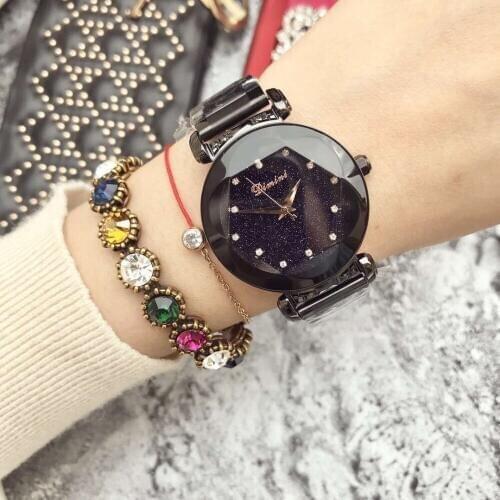 Cool Full Black Women Watches Romantic Plum Cutted Glass Crystal Watch Full Steel Bracelet Wrist watch Quartz Waterproof Montre