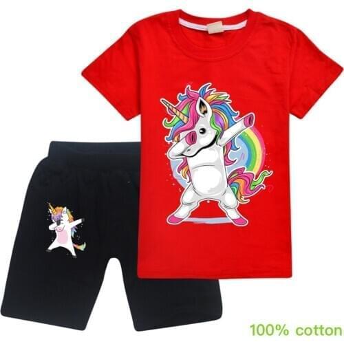 Summer 2-16 Years New Kids T Shirt Unicorn Fashion Pullovers Cotton Short Sleeve Christmas Shirt Boys Girls Tops +Shorts Outfits