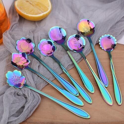 1PCS Stainless Steel Spoon Rainbow Flower Spoons Small Coffee Tea Spoon Fancy Sugar Dessert Teaspoon Bar Cafe Tableware