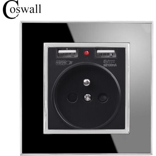 Coswall Wall France Socket Grounded, 16A French Standard Outlet With 2.1A Dual USB Charger Acrylic Panel Black White Gold