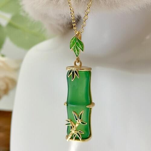 Natural Green Chalcedony Bamboo Knot Pendant Necklace Plating 18k Gold Copper Chain Agate Jade Peridot Bizuteria for Women