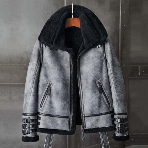 2020 New Shearling Coat Mens B3 Bomber Jacket Short Fur Coat Motorcycle Jacket Black Leather Jacket