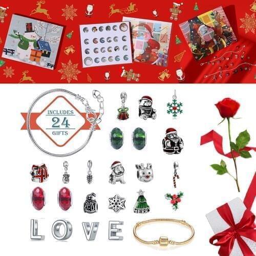 Christmas Advent Calendar Snowman Childrens Gift Jewelry Gift Box Fashion Bracelet Decor 24 Days DIY Charms Set For Kids