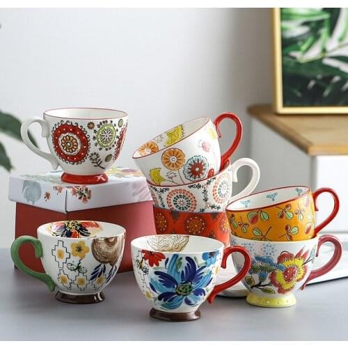 Cartoon Colorful Hand-painted Under-glaze Cut Ceramic Mug Breakfast Coffee Milk Cereal Cup Office Home Water Drink Cup Gift Cup