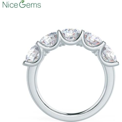 NiceGems Solid14K White Gold 1.5CTW D Color Five Stone Moissanite Wedding Ring French U Prong Set lab grown moissanite Band VVS