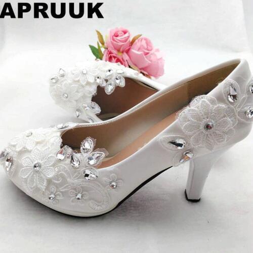 High heels platforms white lace wedding shoes bride handmade plus size low high heels silver rhinestones bridal shoes in stock