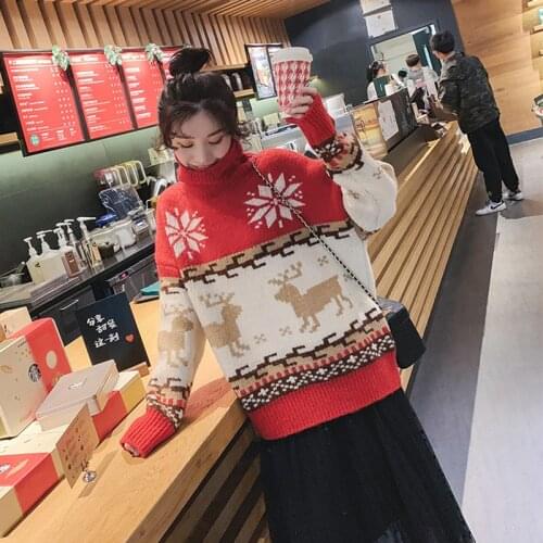 Sweater women Loose Pullover high neck knitted Christmas Sweater Christmas clothes