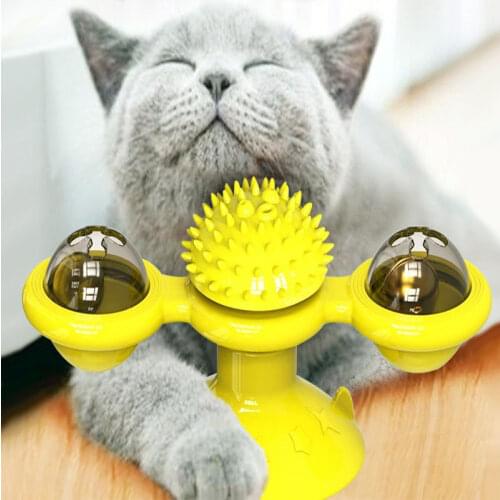 Interactive Cat Toy Windmill Portable Scratch Hair Brush Grooming Shedding Massage Suction Cup Catnip Cats Puzzle Training Toy