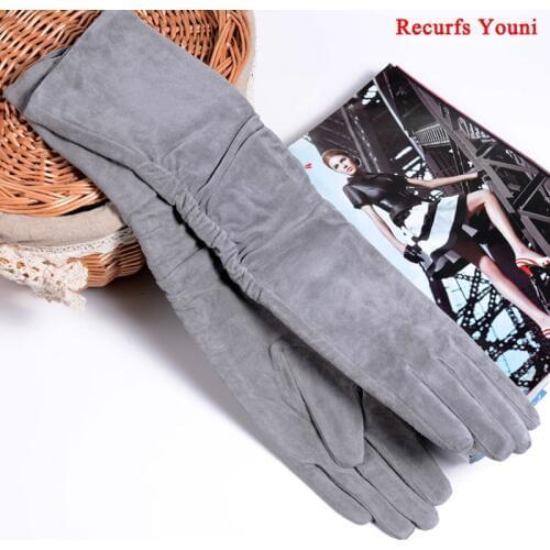 2020 Fall/Winter Fashion Women Pigskin Suede Genuine Leather Fold Long Glove Lady 30/40/50cm Black/Pink/Red Classic Luvas Mujer