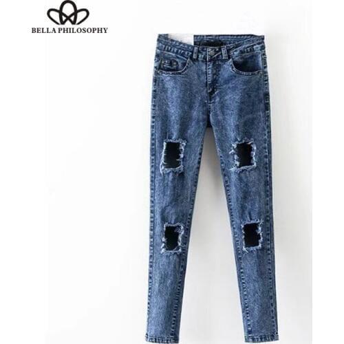 Bella Philosophy 2018 spring women casual solid jeans high waist female straight pants zipper fly ladies hole full length jeans