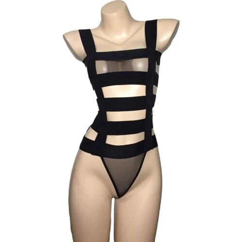 Sexy Women Nylon Straps Body Harness Teddies with Mesh Bra and Thong Leotard Mistress Bodysuit Lingerie