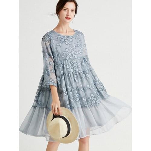 Summer New Euramerican Plus Size Womens Fashion Show Thin Embroidered Large Size Chiffon Elegant Dress Round Neck Short Sleeve