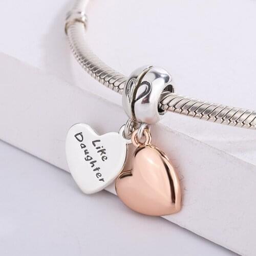 925 Sterling Silver Double Heart Mother & Daughter Love Dangle Charm Bracelet DIY Jewelry Making For Original Pandora