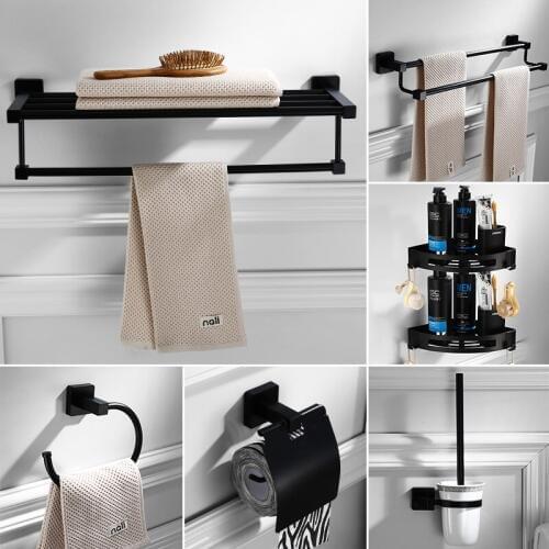 Bathroom Accessories Paper Holder,Corner Shelf,Towel Rack,Toilet Brush Holder Stainless Steel Square Black Bathroom Hardware set