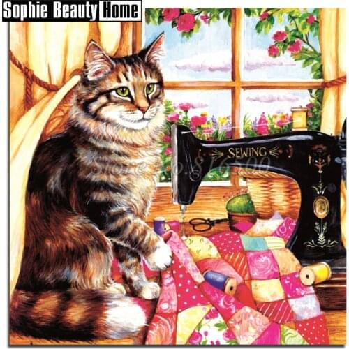 DIY Diamond Painting Accessories Diamond Mosaic Cross Stitch Animal Cat&Sewing Machine Full Diamond Embroidery Wall Decor 18C046