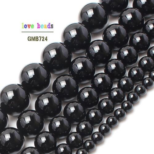 Wholesale Natural Stone Beads Smooth Round Black Agates Onyx Loose Beads For Jewelry Making Pick Size 2/3/4/6/8/10/12/1mm