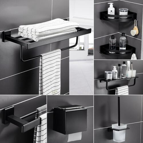 Black Matte Bathroom Accessories Set Space Aluminum Toothbrush Holder Metal Bathroom Hardware Roll Holder Toilet Brush Holder