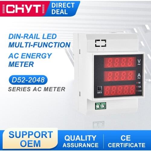D52-2048 DIN Rail Multi Function LED Digital Meter AC 80-300V 200-450V 0-100A Active Power Factor Energy Ammeter Voltmeter