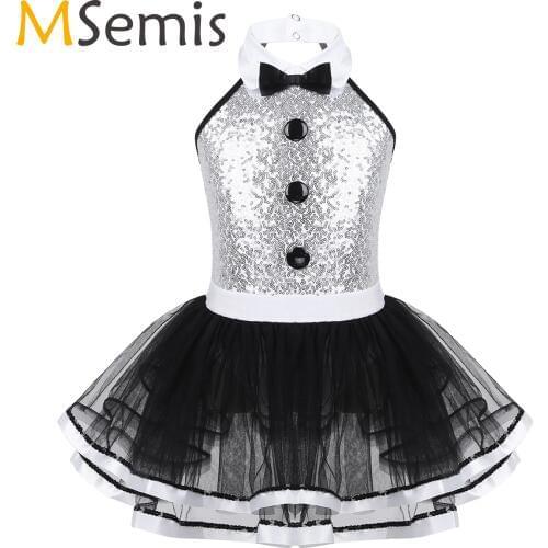 MSemis Girls Dresses Ballet Dress Sleeveless Shiny Sequins Decorative Buttons Gymnastics Leotard Mesh Modern Jazz Dance Costumes