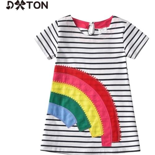 DXTON Toddler Cotton Dress For Girls Stripe Children Dress Short Sleeve Kids Summer Clothing Rainbow Applique Cotton Kids Dress