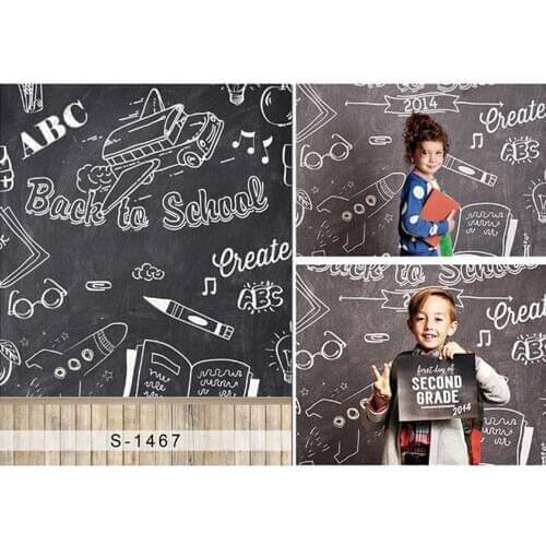 Back to School Themed Backdrop Photography Printed Drawing Bus Books on Blackboard Kids Children Photo Background Wood Floor