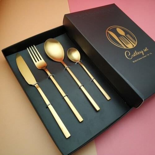Hot selling process matte Cutlery Gold Knife stainless steel fork spoon 4pcs reusable western tableware cutlery set