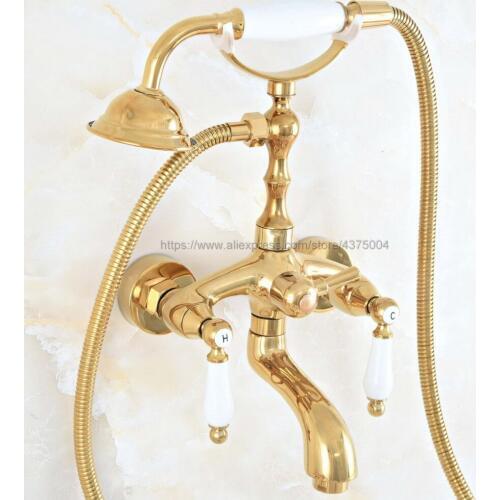 Bathtub Faucet Golden Wall Mounted Tub Mixer Faucet Dual Handle Hot and Cold Water Tap Telephone Style + hand shower Nna812