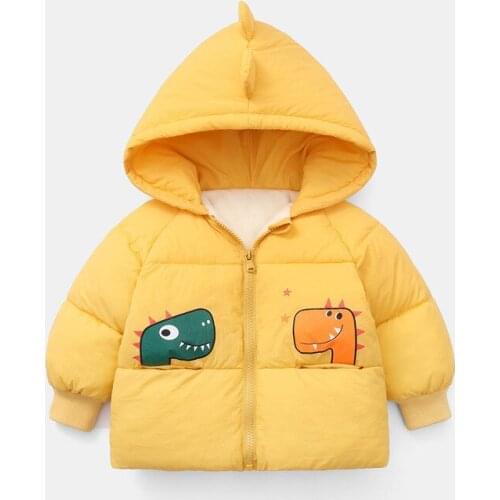 Childrens Winter Warm Cotton Jackets Boys Girls Outerwears Toddler Kids Cartoon Dinosaur Hooded Coat Baby Short Thicken Clothes