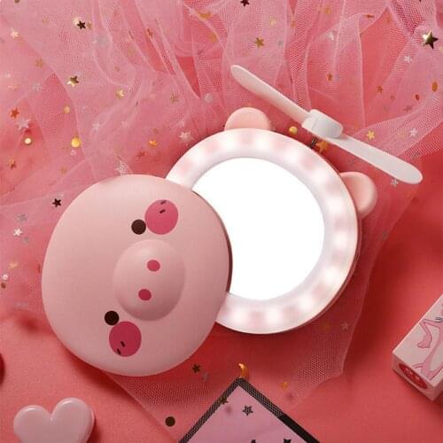 3-in-1 Cute Piggy Mini Cosmetic Mirror Fan Fill Light Hand Held Portable USB Rechargeable Creative Cartoon Pig Led Light 2021