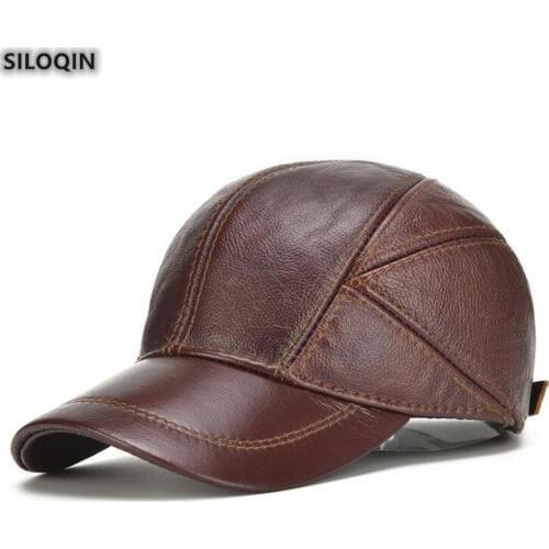 SILOQIN Genuine Leather Hat For Mens Autumn Winter Fashion Cowhide Baseball Cap Adjustable Size Thermal Earmuffs Snapback Caps