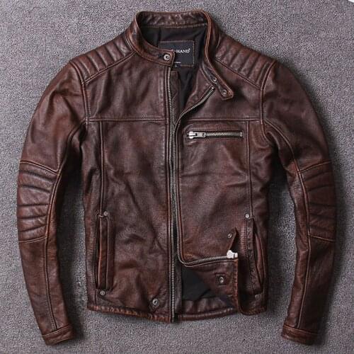 Mens Genuine Leather Jacket Cowhide Leather Mens Jacket Motorcycle Style Spring Autumn Jacket