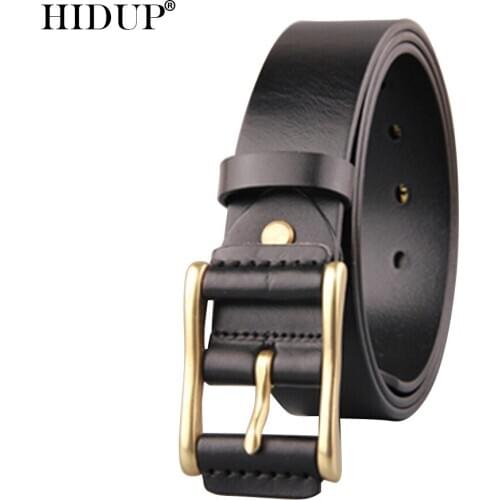 HIDUP Mens Retro Styles Leather Cover Brass Pin Buckle Metal Belt Top Quality Design Cow Cowhide Belts Jeans Accessories NWJ945