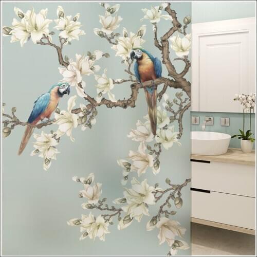 Custom blue flower bird pattern non-adhesive electrostatic glass film bathroom balcony window flower sticker shop window film