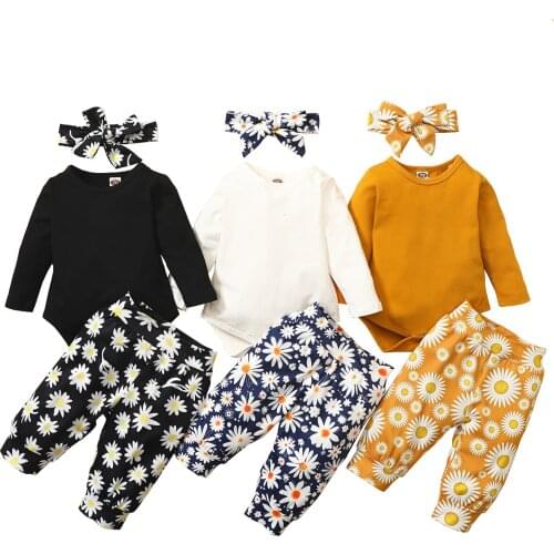 New 3Pcs Baby Autumn Suit Solid-Color Long-Sleeves Rompers + Daisy Printing Casual Pants + Headband for Toddler Girls, 0-2 Years
